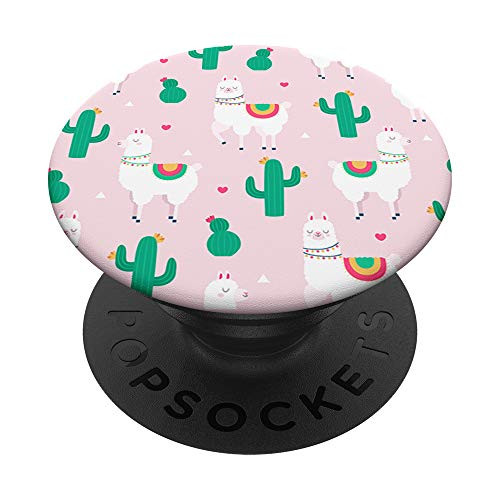 Llama Alpaca Cute Funny Gift w Cactus and Hearts Pattern PopSockets Grip and Stand for Phones and Tablets