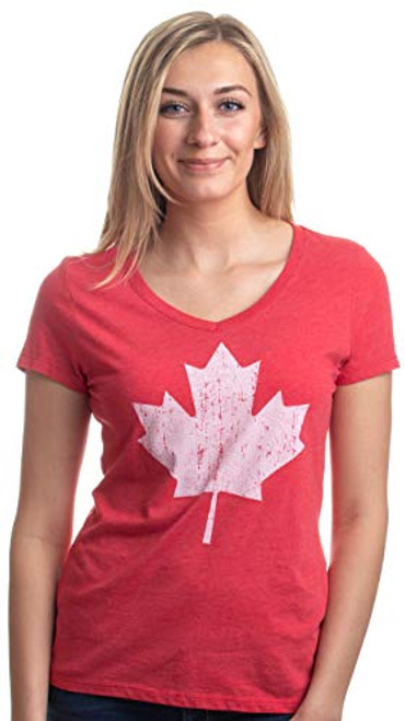 Canada Pride  Vintage Style Retro Canadian Maple Leaf Womens V-Neck T-Shirt-VneckM Heather Red