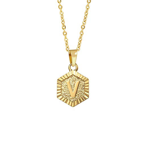 Ovian Initial Pendant Necklace for Women 18K Gold Plated Stainless Steel Hexagon Letter V Necklace Personalized Name Necklace for Girls