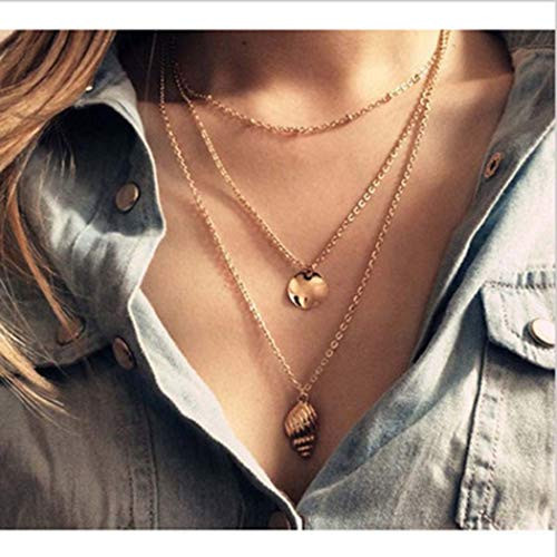 Dreamyn Boho Conch Layering Necklace Gold Beach Sequin Pendant Necklaces Chain Jewelry for Women and Girls