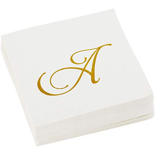 C.R. Gibson Cream and Gold Monogrammed Cursive A Beverage and Cocktail Napkins 40pc 5 W x 5 L