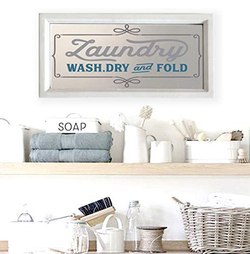 Farmhouse Laundry Room Decor - Laundry Wash Dry and Fold Sign on Wood Framed Mirror 16.5inch x 8.25inch