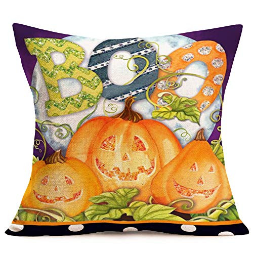 Asamour Halloween Pumpkin Pillow Covers Autumn Fall Decor Jack-o-lantern with BOO Quote Words Cotton Linen Throw Waist Pillow Case Decorative Cushion Cover Thanksgiving Pumpkins Leaf Pillows 18x18