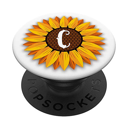 Yellow Sunflower Letter C Initial Girasol White PopSockets Grip and Stand for Phones and Tablets