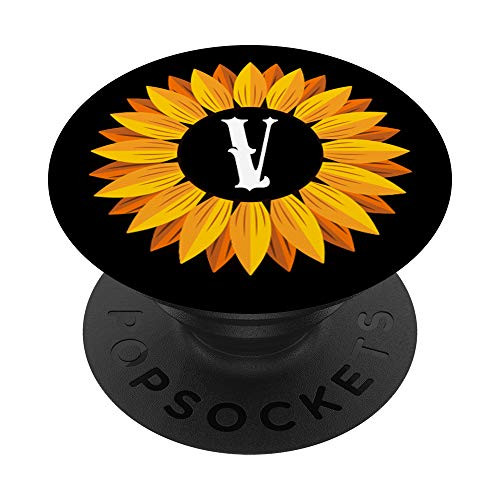 Yellow Sunflower Letter V Initial Girasol Black PopSockets Grip and Stand for Phones and Tablets