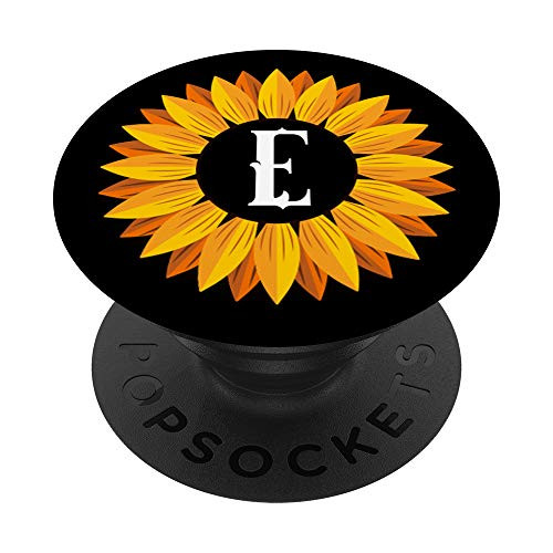 Yellow Sunflower Letter E Initial Girasol Black PopSockets Grip and Stand for Phones and Tablets