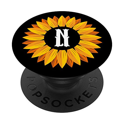 Yellow Sunflower Letter N Initial Girasol Black PopSockets Grip and Stand for Phones and Tablets