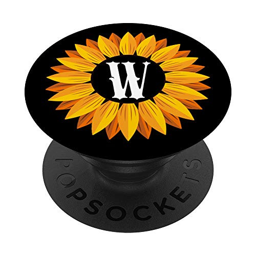 Yellow Sunflower Letter W Initial Girasol Black PopSockets Grip and Stand for Phones and Tablets