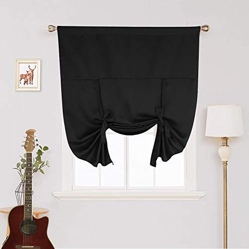 RUIFUU Blackout Curtains Tie up Roman Shades for Kitchen Window Thermal Insulated Valance Balloon Blinds for Bathroom Bedroom Window Black Rod Pocket Curtain Panel 46inch W x 63inch L