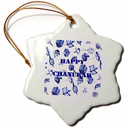 3dRose ORN_61905_1 Blue Dreidels N Happy Chanukah-Snowflake Ornament Porcelain 3-Inch