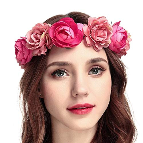 Campsis Bridal Wedding Wreath Bride Flower Headband Rose Garland Hair Wreath Flowers Crown Headpiece for Women and Girls Water red