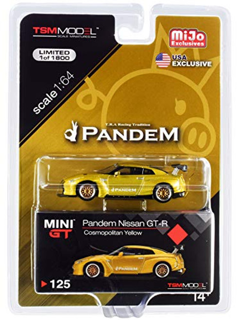Nissan GT-R R35 Pandem with GT Wing Cosmopolitan Yellow Metallic wGold Wheels Ltd Ed 1800 pcs 164 Diecast Model by True Scale Miniatures MGT00125