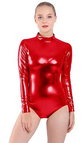 Mvefward Women Shiny Metallic Turtleneck Spandex One Piece Leotard Red XL