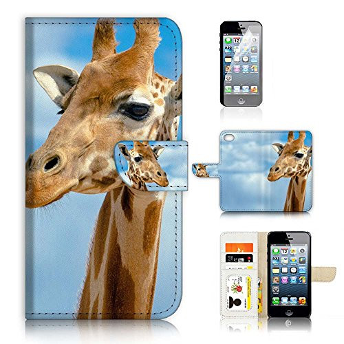( For iPhone 8 / iphone 7 ) Flip Wallet Case Cover & Screen Protector Bundle - A21127 Giraffe Face