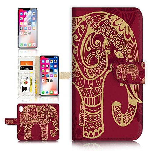 ( For iPhone X ) Flip Wallet Case Cover & Screen Protector Bundle - A21111 Indian Elephant