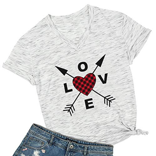 Love T-Shirt Women Plaid Love Heart Valentines Day Shirts Tee Tops Casual Short Sleeve V-Neck Shirts Grey Love T-Shirt Women Plaid Love Heart Valentines Day Shirts Tee Tops Casual Short Sleeve V-Neck Shirts Grey