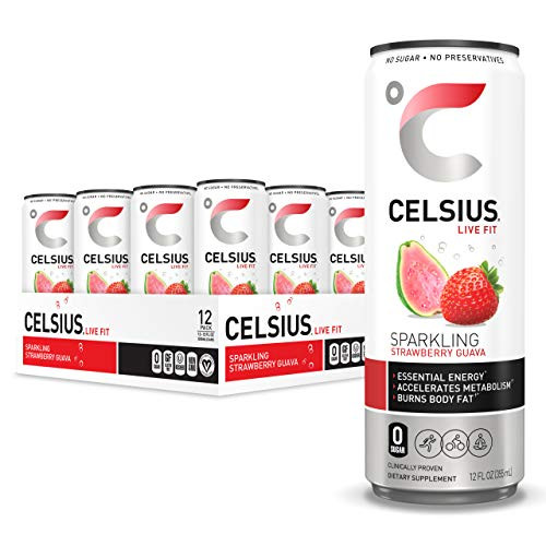 CELSIUS Sparkling Strawberry Guava Fitness Drink Zero Sugar 12oz. Slim Can Pack of 12 CELSIUS Sparkling Strawberry Guava Fitness Drink Zero Sugar 12oz. Slim Can Pack of 12