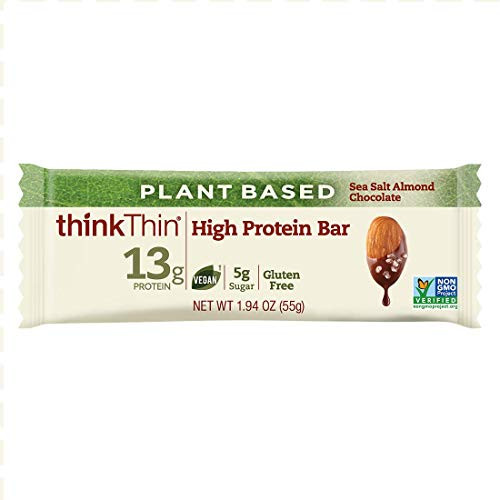 Plant-Based High Protein Bars by thinkThin - On The Go, 13g Protein, Low Sugar, Gluten Free, Non-GMO - Sea Salt Almond Chocolate (10 Bars)