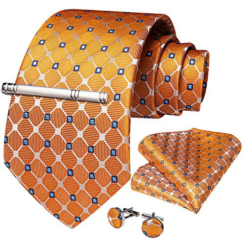 DiBanGu Orange Checks Tie Mens Formal Necktie and Pocket Square Cufflinks Tie Clip Set Wedding