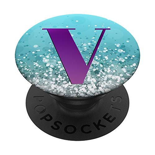 Lilac Purple Initial Letter V On Silver Light Blue PopSockets PopGrip Swappable Grip for Phones  and  Tablets