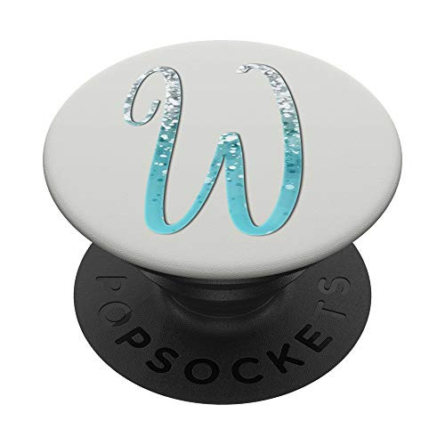 Silver Light Blue Initial Letter W On Silver White PopSockets PopGrip Swappable Grip for Phones  and  Tablets