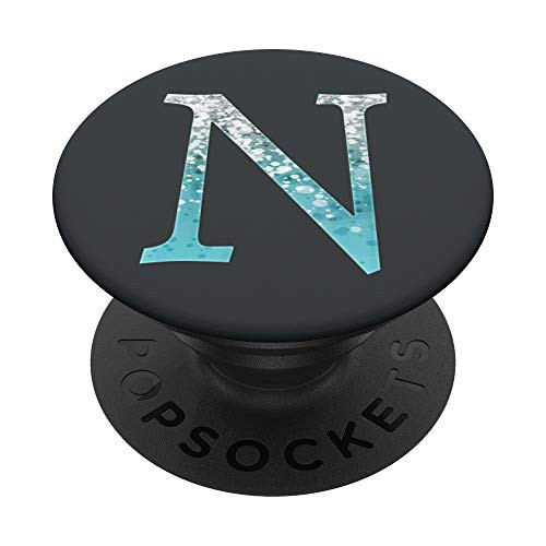 Silver Light Blue Initial Letter N On Dark Gray PopSockets PopGrip Swappable Grip for Phones  and  Tablets