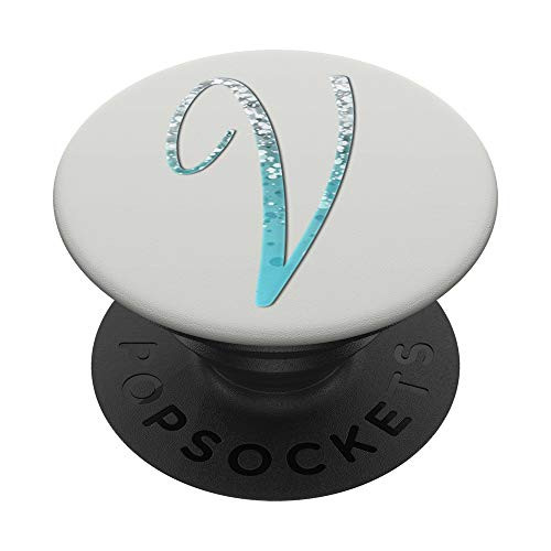 Silver Light Blue Initial Letter V On Silver White PopSockets PopGrip Swappable Grip for Phones  and  Tablets