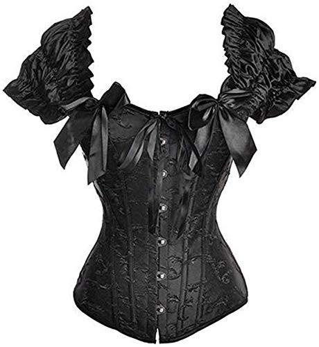 Blidece Womens Ruched Sleeves Bridal Overbust Steel Boned Waist Cinching Bustier Corset Black