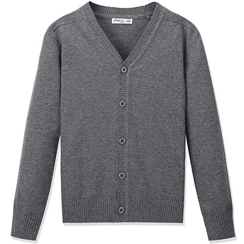 CUNYI Boys Button-up Cardigan with Elbow Patches V-Neck Cotton Knit Sweater Casual Outerwear Dark Grey 150