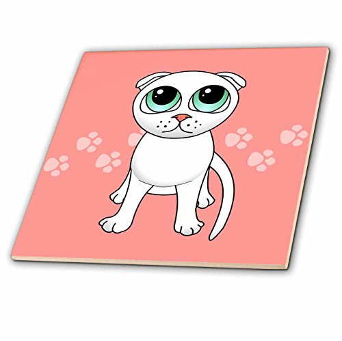 3dRose ct_77524_2 Cute White Scottish Fold Cat Cartoon-Pink Pawprints Ceramic Tile 6-Inch