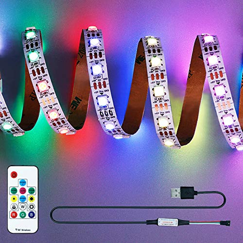 KXZM WS2812B Individually Addressable RGB LED Strip Light USB Powered with Remote Control DC 5V Flexible 3.3FT 60 Pixels 5050 SMD Dream Color No-Waterproof IP33 White PCB LED Strips for DIY Projects