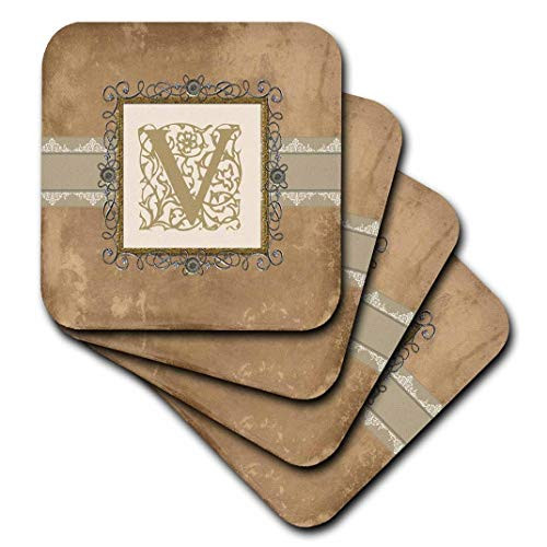 3dRose V Initial Vintage Elegant Vines and Flowers in Sepia and Pewter Look - Soft Coasters set of 8