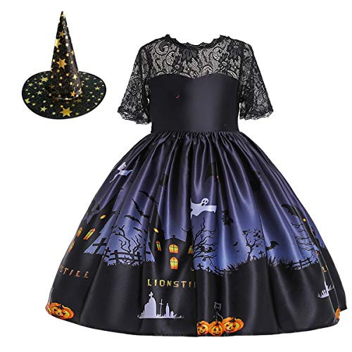 HIHCBF Girls Halloween Witch Costume Fancy Dress Up wWitch Hat Kids Ghost Pumpkin Skull Printed Cosplay Party Outfits 3T