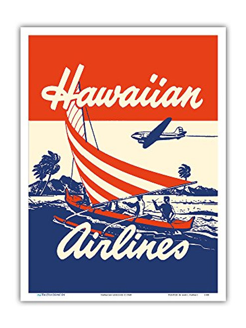 Hawaiian Airlines - Hawaiians in Outrigger Canoe Waa - Vintage Airline Travel Poster c.1940 - Master Art Print 9in x 12in