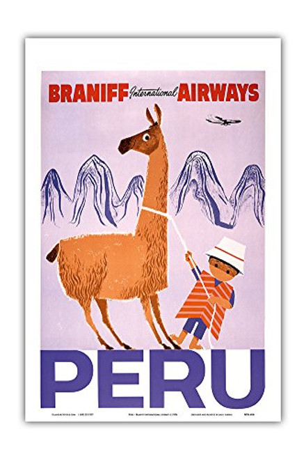 Peru - Braniff International Airways - Native Boy with Llama - Vintage Airline Travel Poster c.1950s - Master Art Print 12in x 18in Peru - Braniff International Airways - Native Boy with Llama - Vintage Airline Travel Poster c.1950s - Master Art Print 12in x 18in