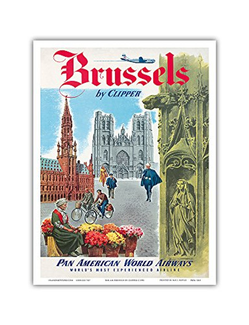 Brussels Belgium by Clipper - Pan American World Airways - The Cathedral of Saints Michel and Gudule - Vintage Airline Travel Poster c.1951 - Master Art Print 9in x 12in Brussels Belgium by Clipper - Pan American World Airways - The Cathedral of Saints Michel and Gudule - Vintage Airline Travel Poster c.1951 - Master Art Print 9in x 12in