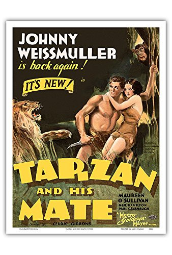 Tarzan and His Mate - Starring Johnny Weissmuller Maureen OSullivan - Edgar Rice Burroughs - Metro Goldwyn Mayer - Vintage Film Movie Poster c.1930s - Master Art Print 9in x 12in