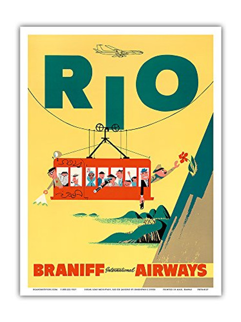 Rio de Janeiro Brazil - Cable Car to Sugar Loaf Mountain - Braniff International Airways - Vintage Airline Travel Poster c.1950s - Master Art Print 9in x 12in Rio de Janeiro Brazil - Cable Car to Sugar Loaf Mountain - Braniff International Airways - Vintage Airline Travel Poster c.1950s - Master Art Print 9in x 12in