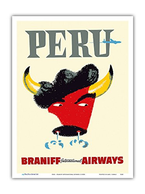 Peru - Braniff International Airways - Bull Snorting - Vintage Airline Travel Poster c.1950s - Master Art Print 9in x 12in Peru - Braniff International Airways - Bull Snorting - Vintage Airline Travel Poster c.1950s - Master Art Print 9in x 12in