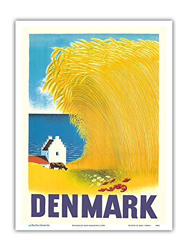 Pacifica Island Art - Denmark - Wheat Field and Danish Farm House - Vintage Travel Poster by Aage Rasmussen c.1946 - Master Art Print - 9in x 12in