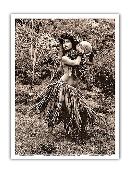 Pacifica Island Art - Hawaiian Hula Dancer IPU Gourd Drum IV - Vintage Sepia Toned Photograph by Alan Houghton c.1960s - Master Art Print - 9in x 12in