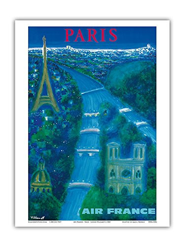 Paris France - Views of River Seine Eiffel Tower Notre Dame - Vintage Airline Travel Poster by Bernard Villemot c.1963 - Master Art Print 9in x 12in