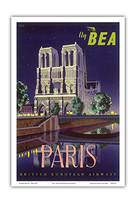Paris - Notre Dame Cathedral by Moonlight - Fly BEA British European Airways - Vintage Airline Travel Poster by Daphne Padden c.1950s - Master Art Print 12in x 18in Paris - Notre Dame Cathedral by Moonlight - Fly BEA British European Airways - Vintage Airline Travel Poster by Daphne Padden c.1950s - Master Art Print 12in x 18in