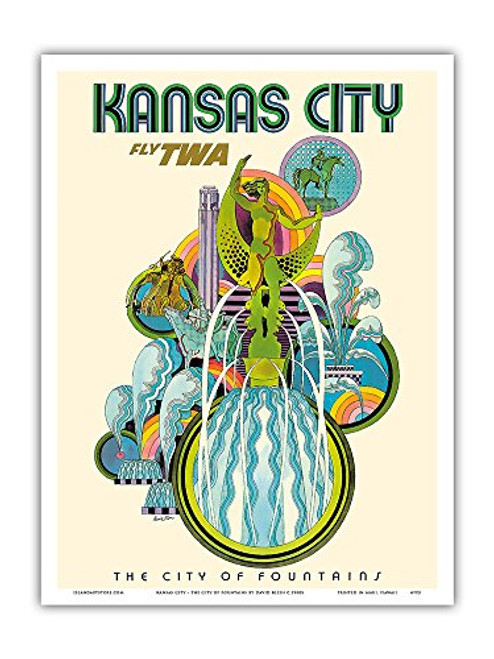 Kansas City - Fly TWA Trans World Airlines - The City of Fountains - Vintage Airline Travel Poster by David Klein c.1960s - Master Art Print 9in x 12in Kansas City - Fly TWA Trans World Airlines - The City of Fountains - Vintage Airline Travel Poster by David Klein c.1960s - Master Art Print 9in x 12in
