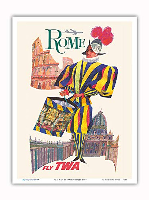 Pacifica Island Art - Rome Italy - Pontifical Swiss Guard - Fly TWA Trans World Airlines - Vintage Airline Travel Poster by David Klein c.1960 - Master Art Print - 9in x 12in Pacifica Island Art - Rome Italy - Pontifical Swiss Guard - Fly TWA Trans World Airlines - Vintage Airline Travel Poster by David Klein c.1960 - Master Art Print - 9in x 12in