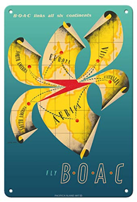 Pacifica Island Art All Six Continents - Fly BOAC British Overseas Airways Corporation - Vintage Airline Travel Poster by Stan Krol c.1951-8in x 12in Vintage Metal Tin Sign Pacifica Island Art All Six Continents - Fly BOAC British Overseas Airways Corporation - Vintage Airline Travel Poster by Stan Krol c.1951-8in x 12in Vintage Metal Tin Sign