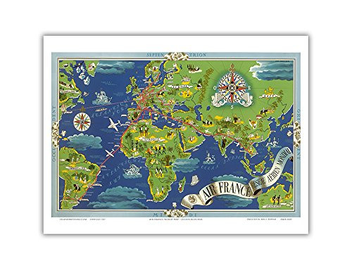 Pacifica Island Art - Réseau Aérien Mondial Global Air Network - Fly Routes World Map - France Planisphere - Vintage Airline Travel Poster by Lucien Boucher c.1950 - Master Art Print - 9in x 12in Pacifica Island Art - Réseau Aérien Mondial Global Air Network - Fly Routes World Map - France Planisphere - Vintage Airline Travel Poster by Lucien Boucher c.1950 - Master Art Print - 9in x 12in