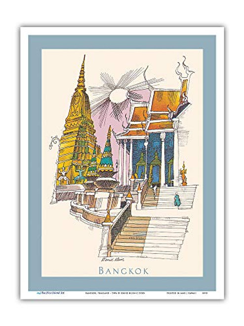Pacifica Island Art - Bangkok Thailand - Temple of The Dawn - TWA Menu Cover - Vintage Airline Travel Poster by David Klein c.1950s - Master Art Print - 9in x 12in Pacifica Island Art - Bangkok Thailand - Temple of The Dawn - TWA Menu Cover - Vintage Airline Travel Poster by David Klein c.1950s - Master Art Print - 9in x 12in