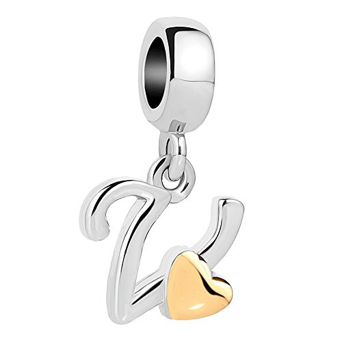 QueenCharms Initial A-Z Letter Charm Golden Heart Alphabet Dangle Beads For Bracelets  and  Necklaces V