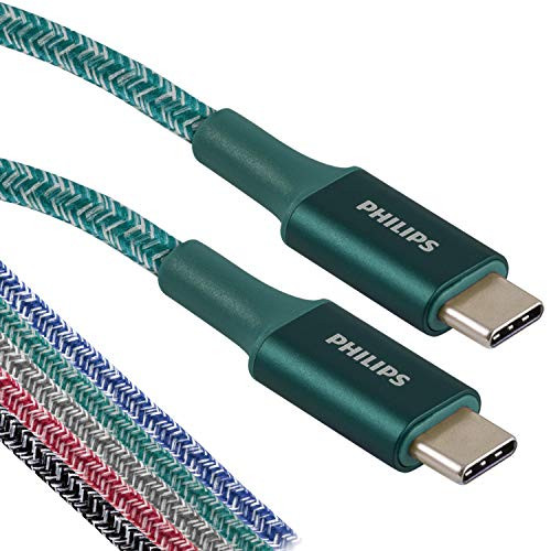 Philips 6 Ft. USB Type C Cable USB-C to USB-C Emerald Braided Fast Charging Cable Compatible with iPad Pro MacBook Pro Samsung Galaxy S21S10S9S8Plus Google Pixel 5C32XL DLC5206EC37